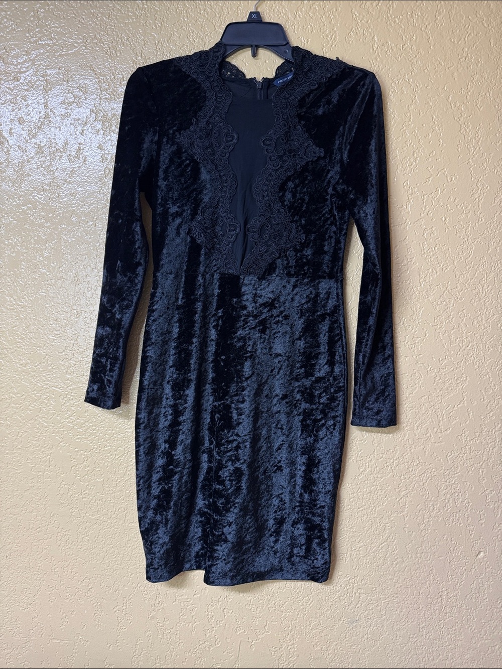 French Connection Black Velvet Long-Sleeve Lace-Inset Dress